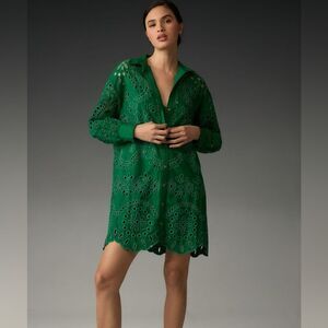 Anthropologie Green Eyelet Shirt Dress
